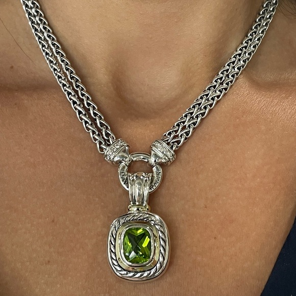 David Yurman Silver & 14k gold Double Wheat Chain Diamond Peridot Necklace - Picture 2 of 7